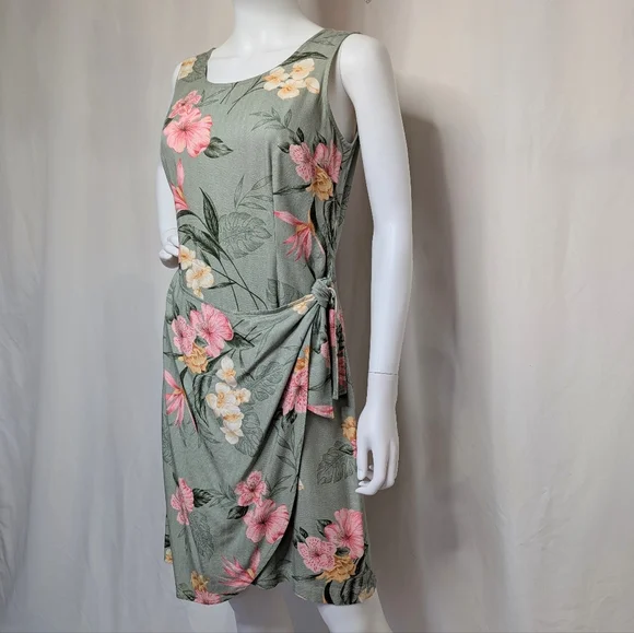 Green & Pink Botanical Floral Sleeveless Tank Midi Dress Wrap Front Style - Picture 4 of 9